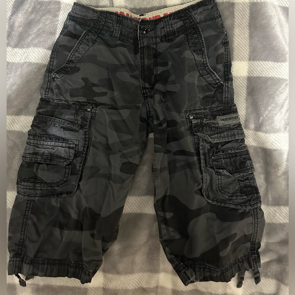 Gray and black camo cargo shorts